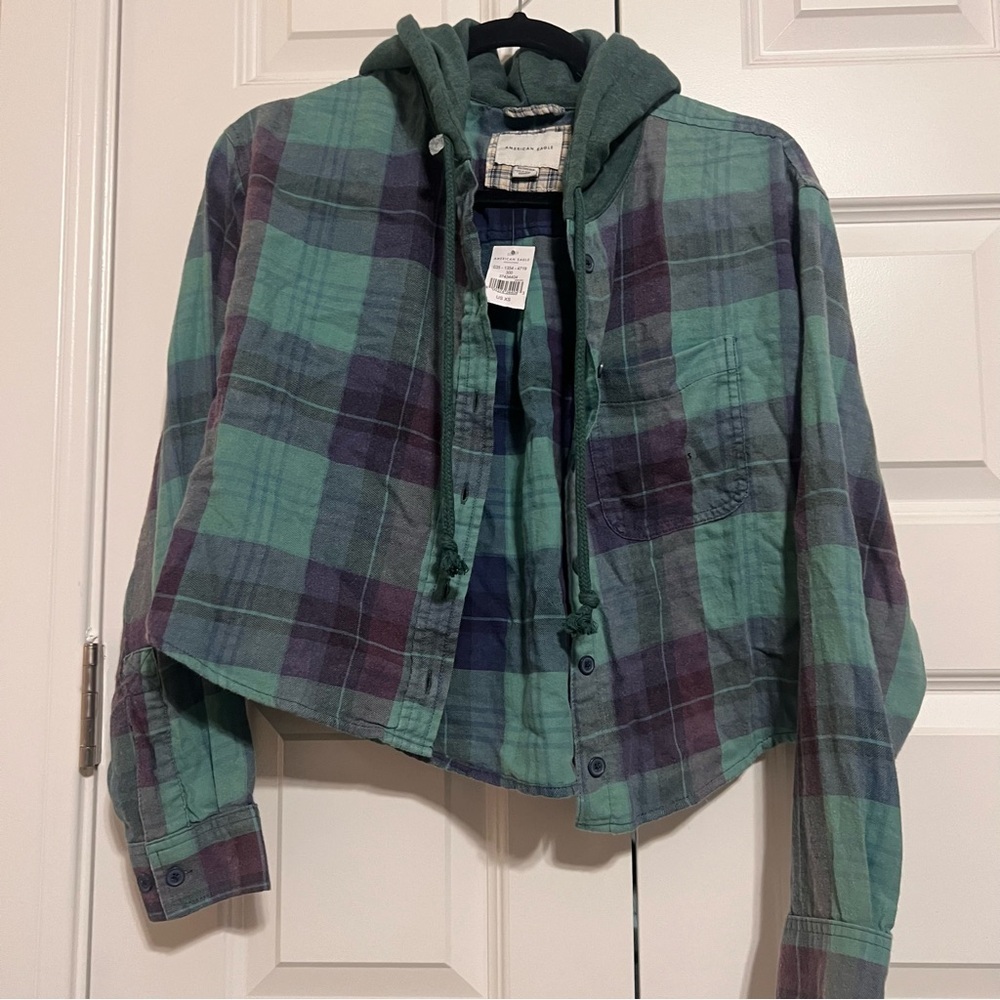 American Eagle Outfitters Green and Purple Plaid Hoodie